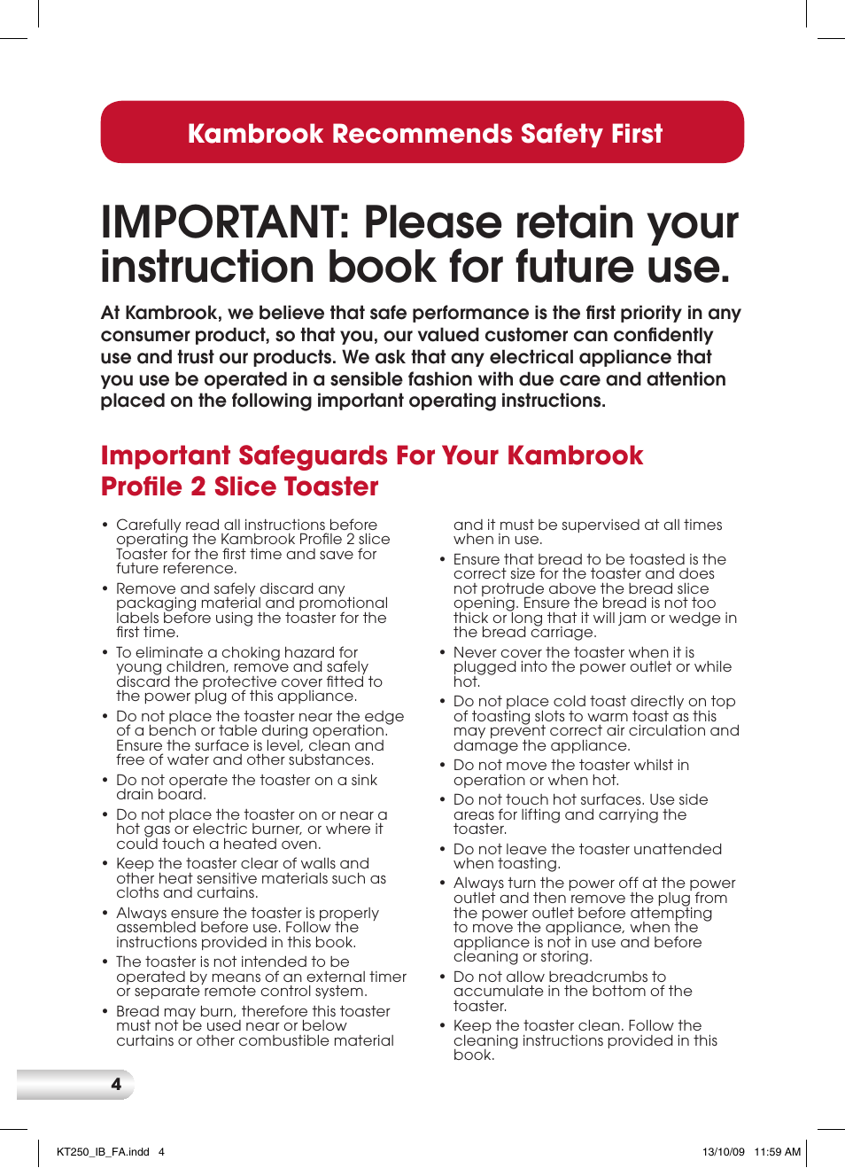 Kambrook recommends safety first | Kambrook PROFILE KT250 User Manual | Page 4 / 12