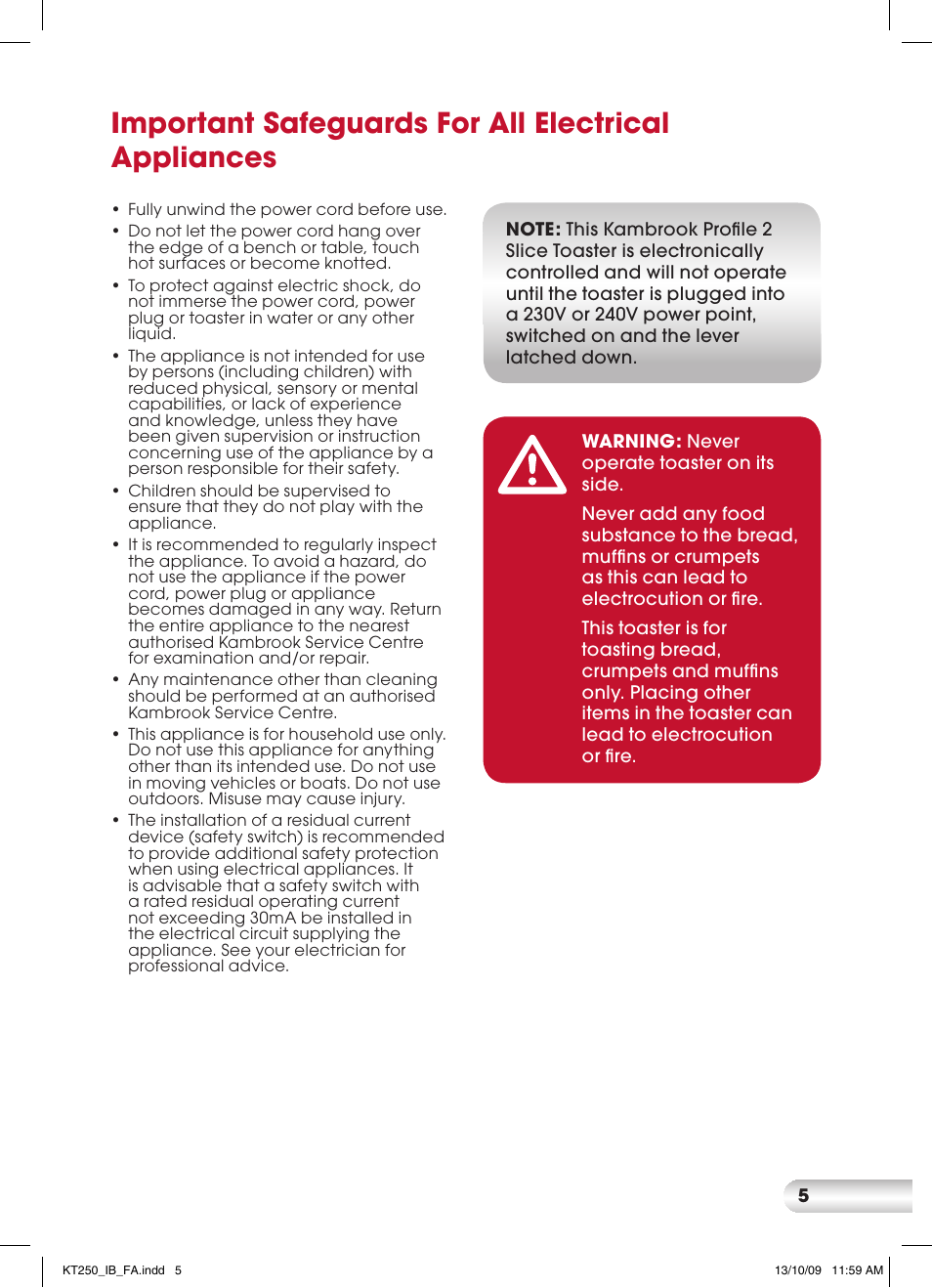 Important safeguards for all electrical appliances | Kambrook PROFILE KT250 User Manual | Page 5 / 12