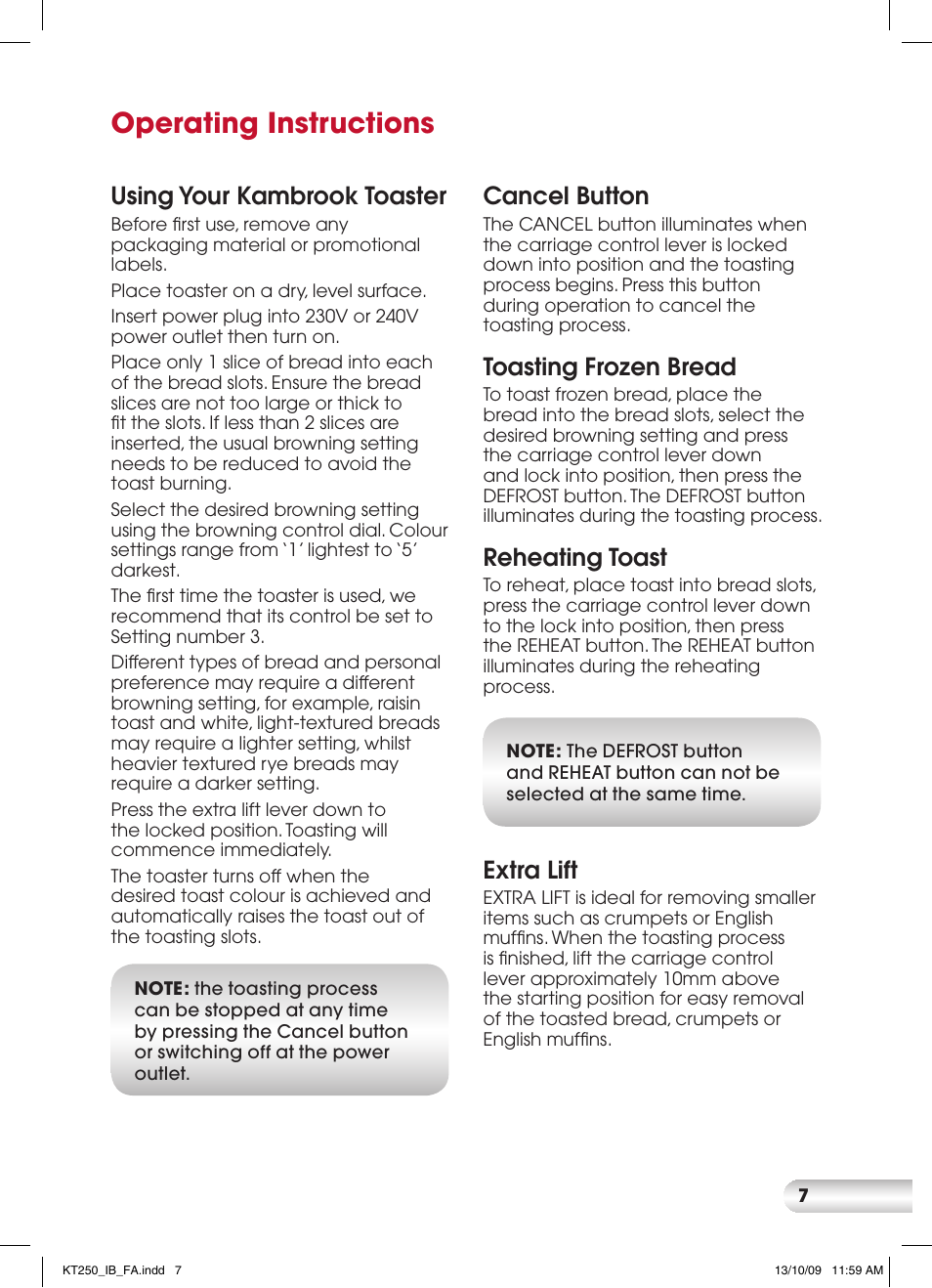 Operating instructions, Using your kambrook toaster, Cancel button | Toasting frozen bread, Reheating toast, Extra lift | Kambrook PROFILE KT250 User Manual | Page 7 / 12