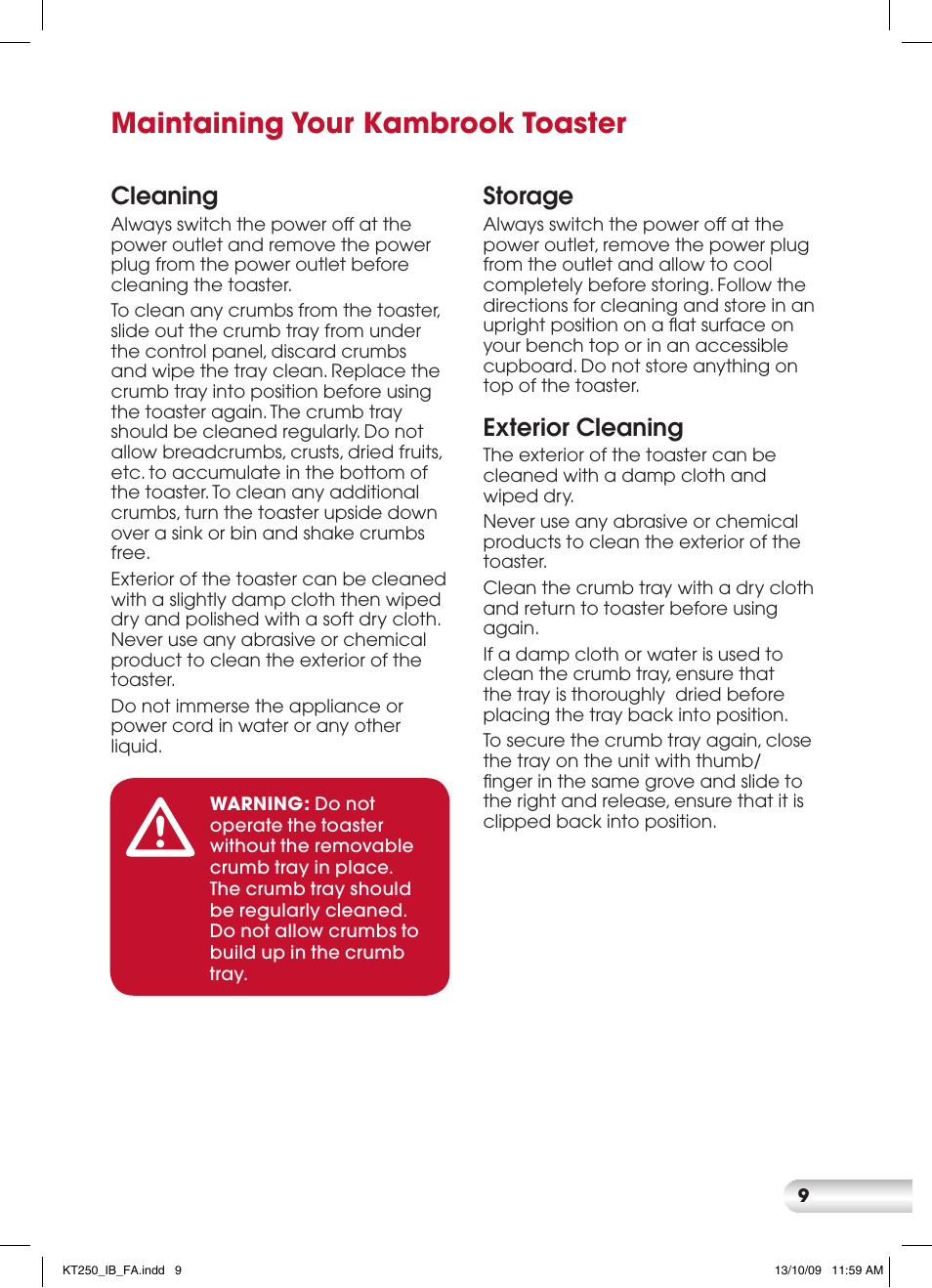 Maintaining your kambrook toaster, Cleaning, Storage | Exterior cleaning | Kambrook PROFILE KT250 User Manual | Page 9 / 12