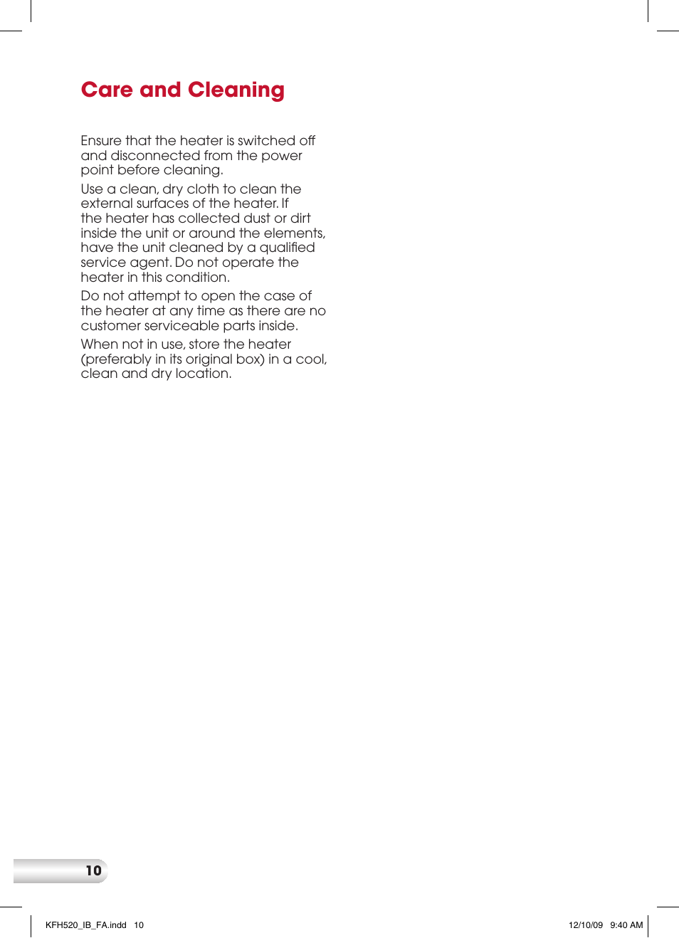 Care and cleaning | Kambrook KFH520 User Manual | Page 10 / 12