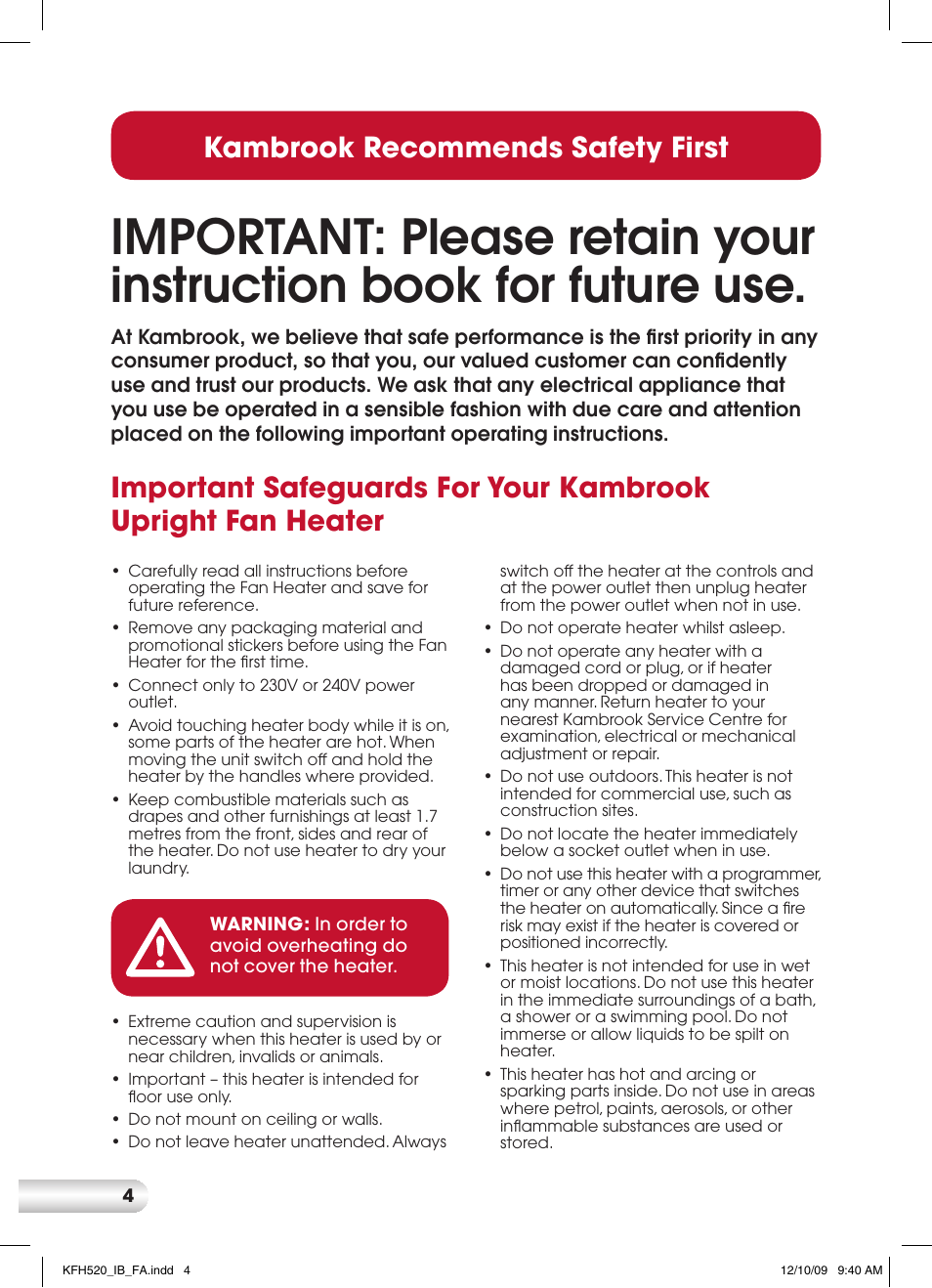 Kambrook recommends safety first | Kambrook KFH520 User Manual | Page 4 / 12
