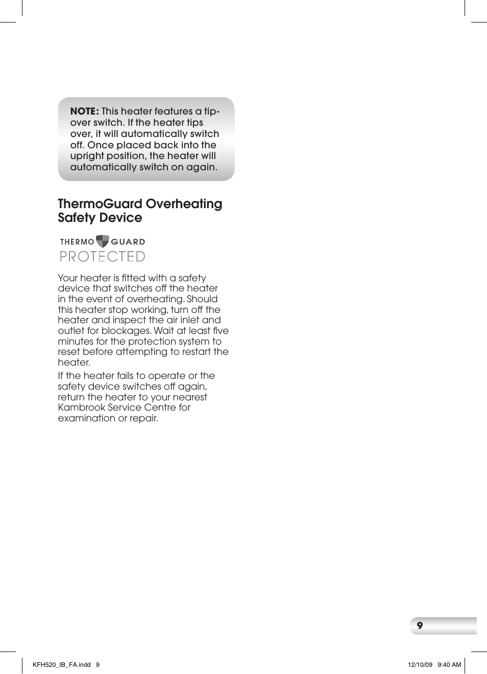 Thermoguard overheating safety device | Kambrook KFH520 User Manual | Page 9 / 12