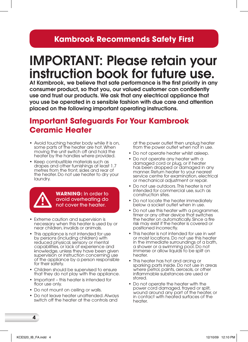 Kambrook recommends safety first | Kambrook KCE520 User Manual | Page 4 / 12