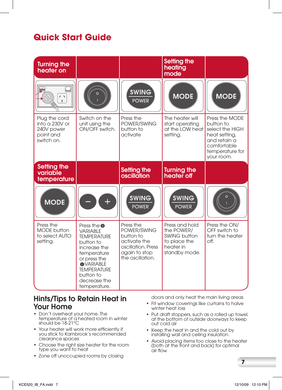 Quick start guide, Hints/tips to retain heat in your home | Kambrook KCE520 User Manual | Page 7 / 12