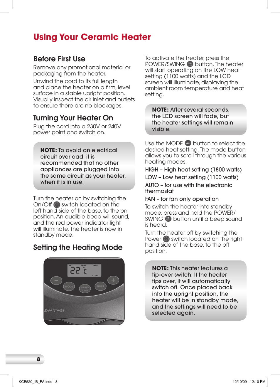 Using your ceramic heater, Before first use, Turning your heater on | Setting the heating mode | Kambrook KCE520 User Manual | Page 8 / 12