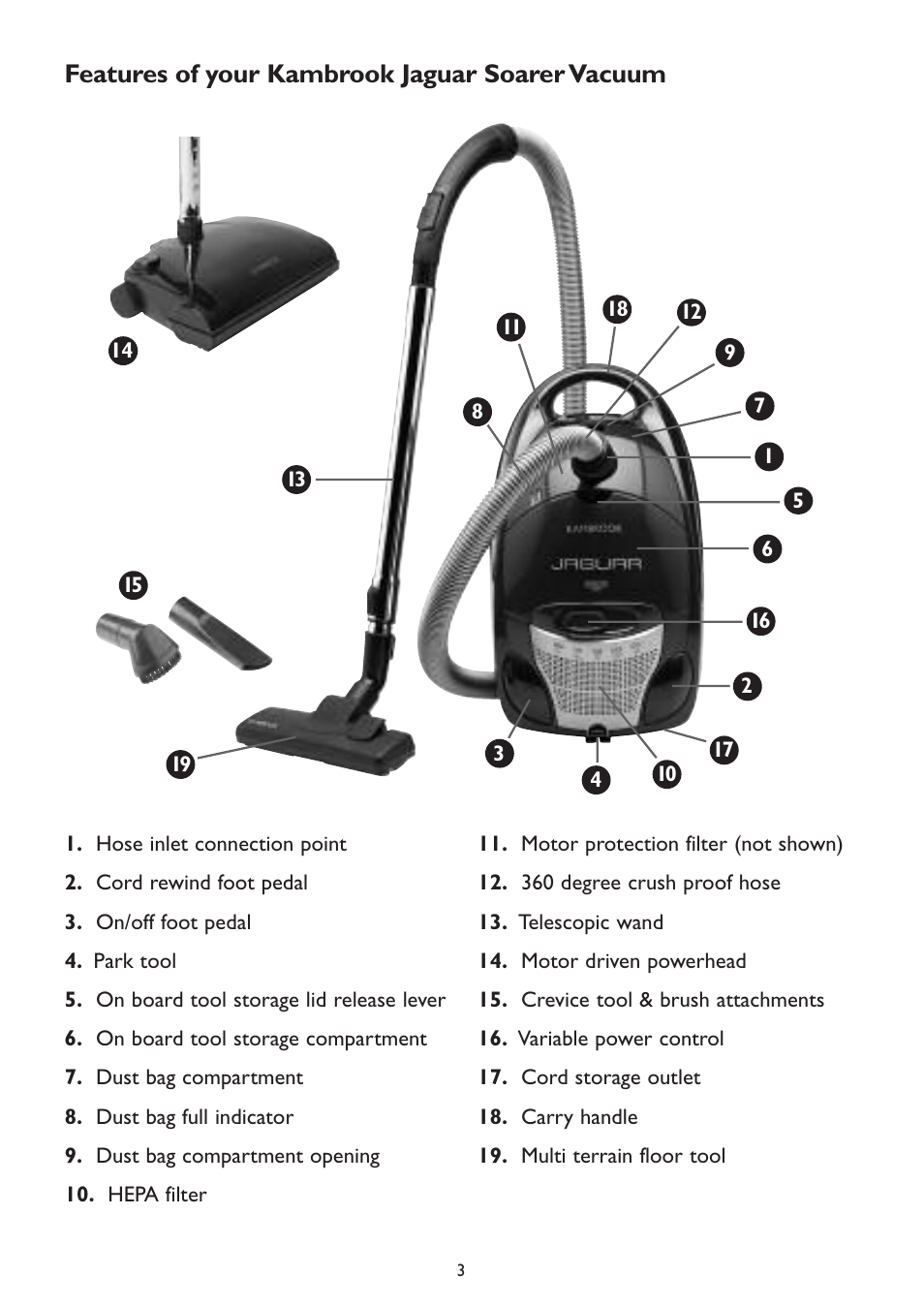 Features of your kambrook jaguar soarer vacuum | Kambrook KVC23 User Manual | Page 3 / 8