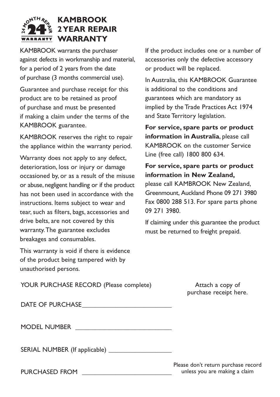 Kambrook 2 year repair warranty | Kambrook KVC23 User Manual | Page 7 / 8