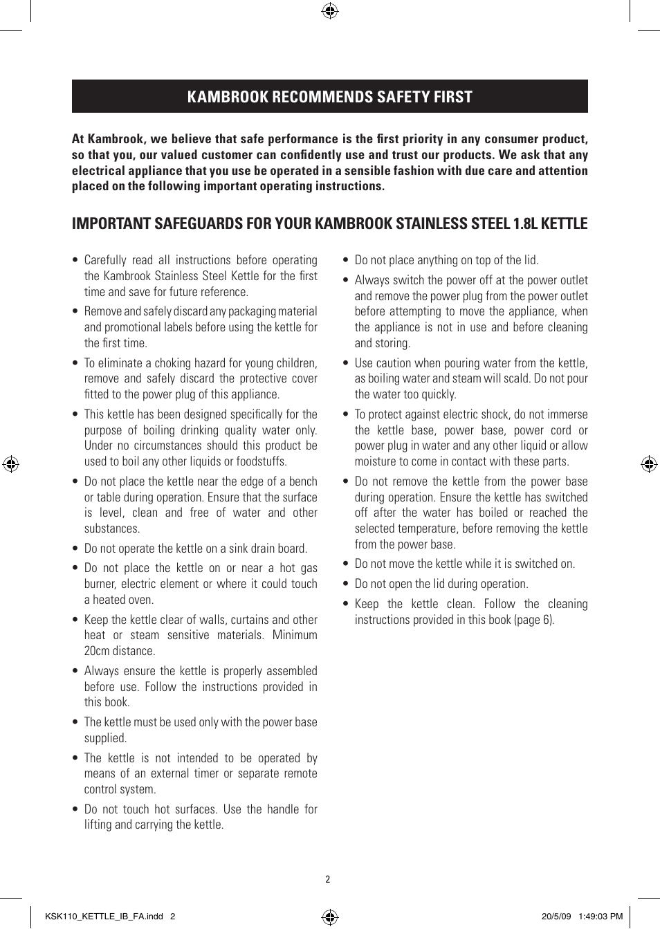Kambrook recommends safety first | Kambrook CORDFREE KSK110 User Manual | Page 2 / 8