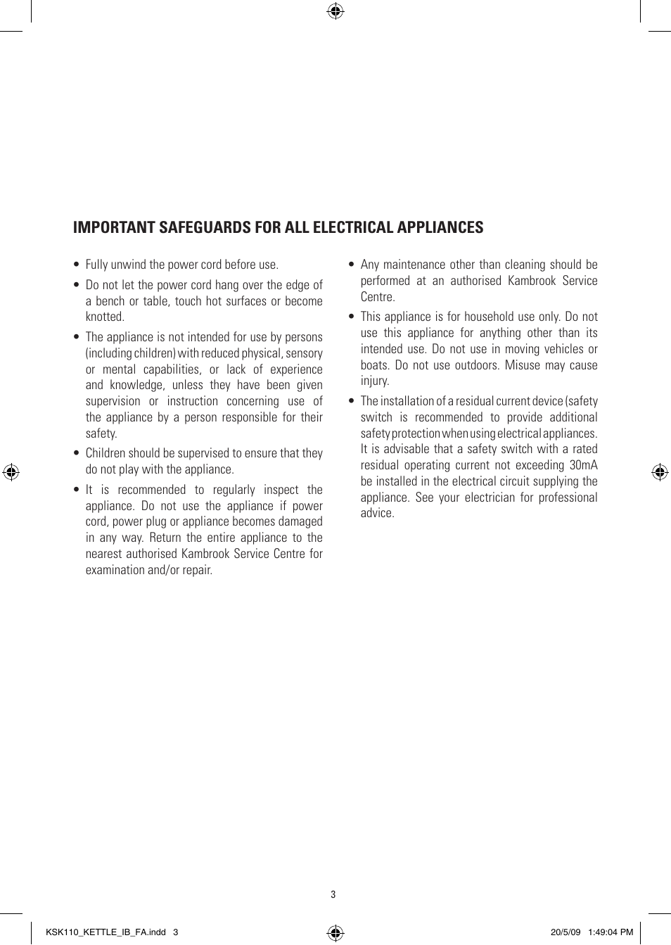 Important safeguards for all electrical appliances | Kambrook CORDFREE KSK110 User Manual | Page 3 / 8