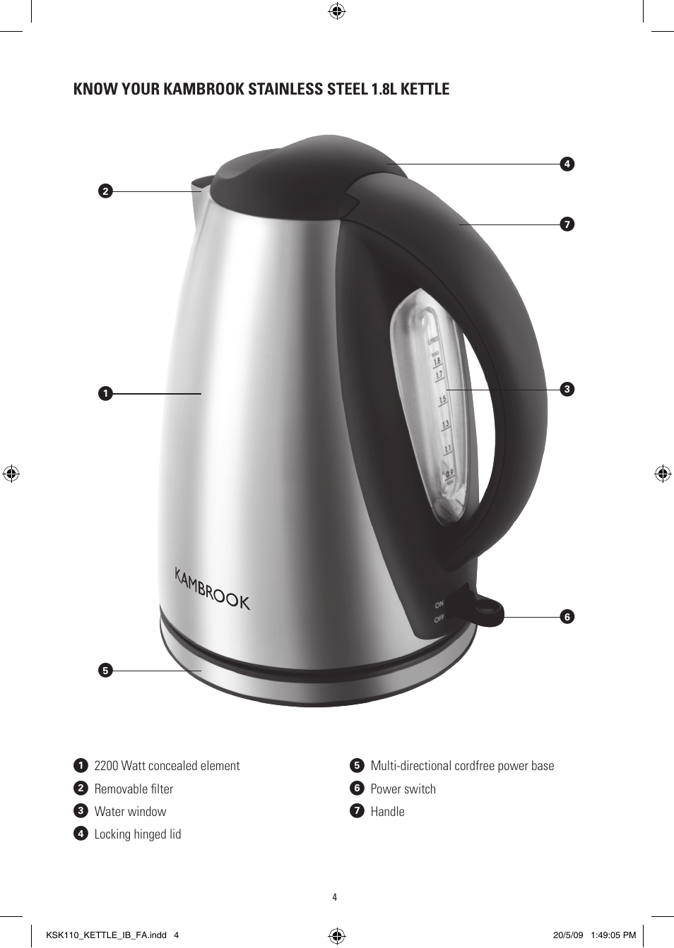 Know your kambrook stainless steel 1.8l kettle | Kambrook CORDFREE KSK110 User Manual | Page 4 / 8