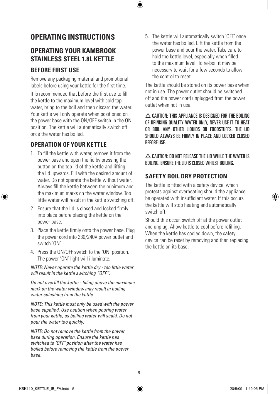 Operating instructions | Kambrook CORDFREE KSK110 User Manual | Page 5 / 8