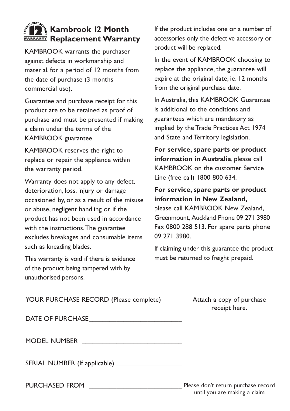 Kambrook 12 month replacement warranty | Kambrook Frost Factory KIS20 User Manual | Page 11 / 12