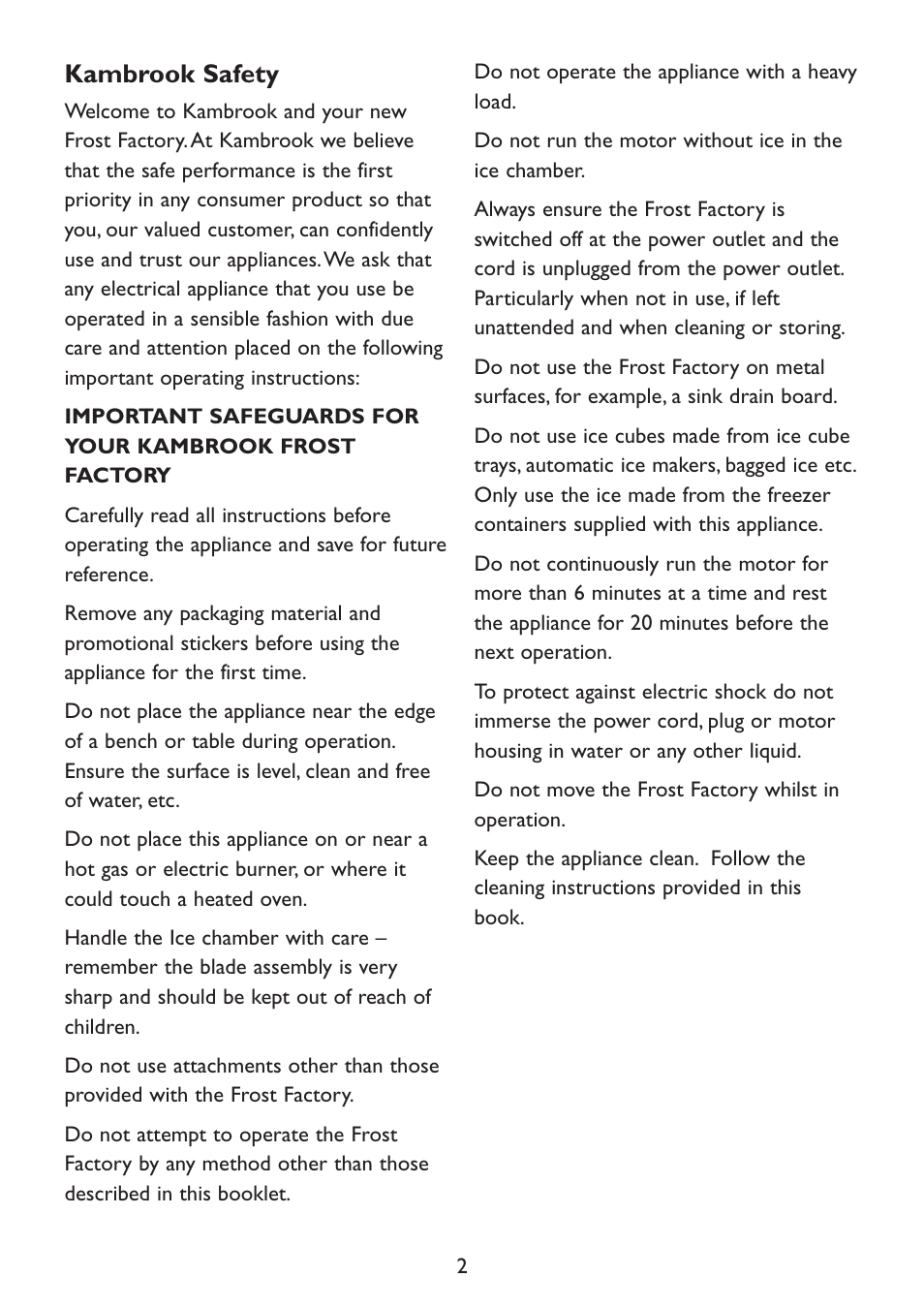 Kambrook safety | Kambrook Frost Factory KIS20 User Manual | Page 2 / 12