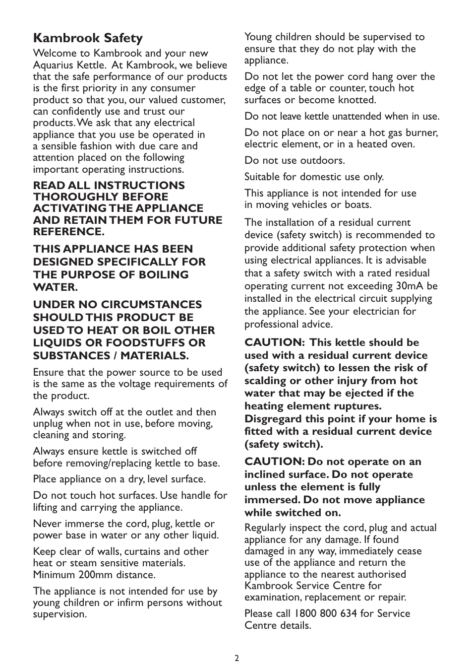 Kambrook safety | Kambrook Aquarius KAK36 User Manual | Page 2 / 8