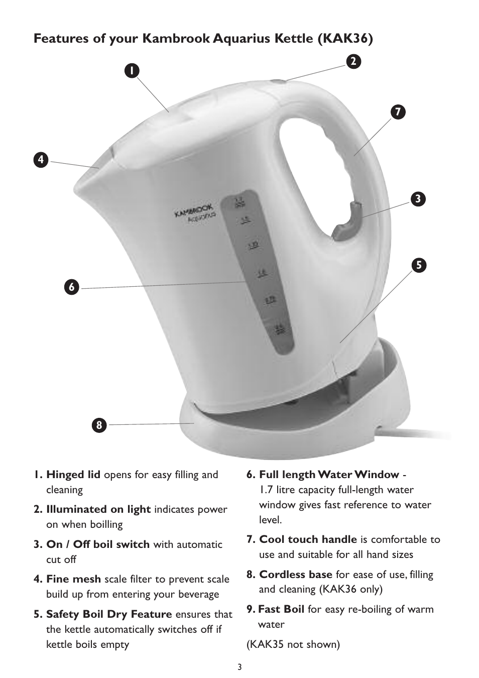 Features of your kambrook aquarius kettle (kak36) | Kambrook Aquarius KAK36 User Manual | Page 3 / 8