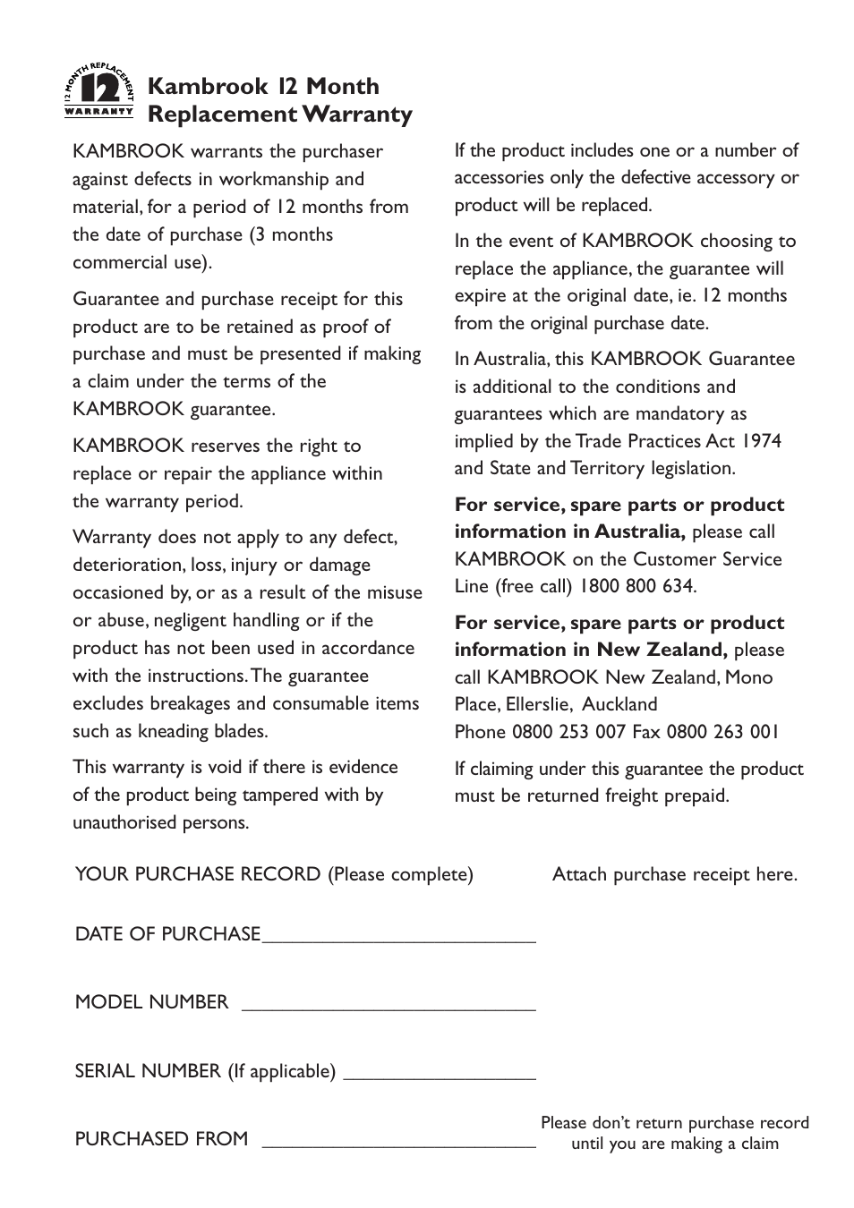 Kambrook 12 month replacement warranty | Kambrook KD66B User Manual | Page 19 / 20