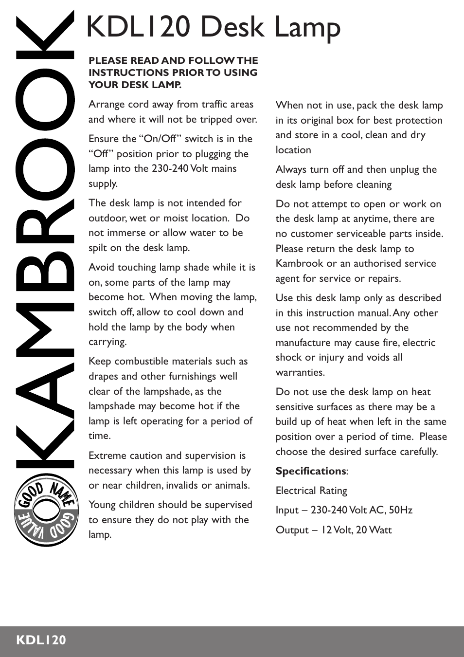 Kambrook KDL120B User Manual | 2 pages