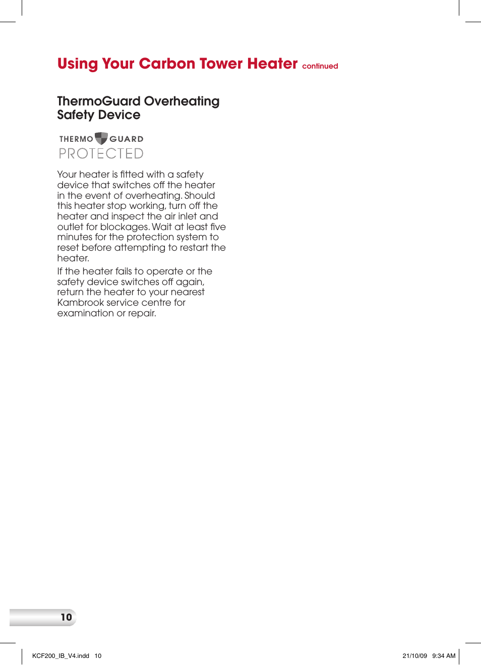 Using your carbon tower heater, Thermoguard overheating safety device | Kambrook CARBON KCF200 User Manual | Page 10 / 12