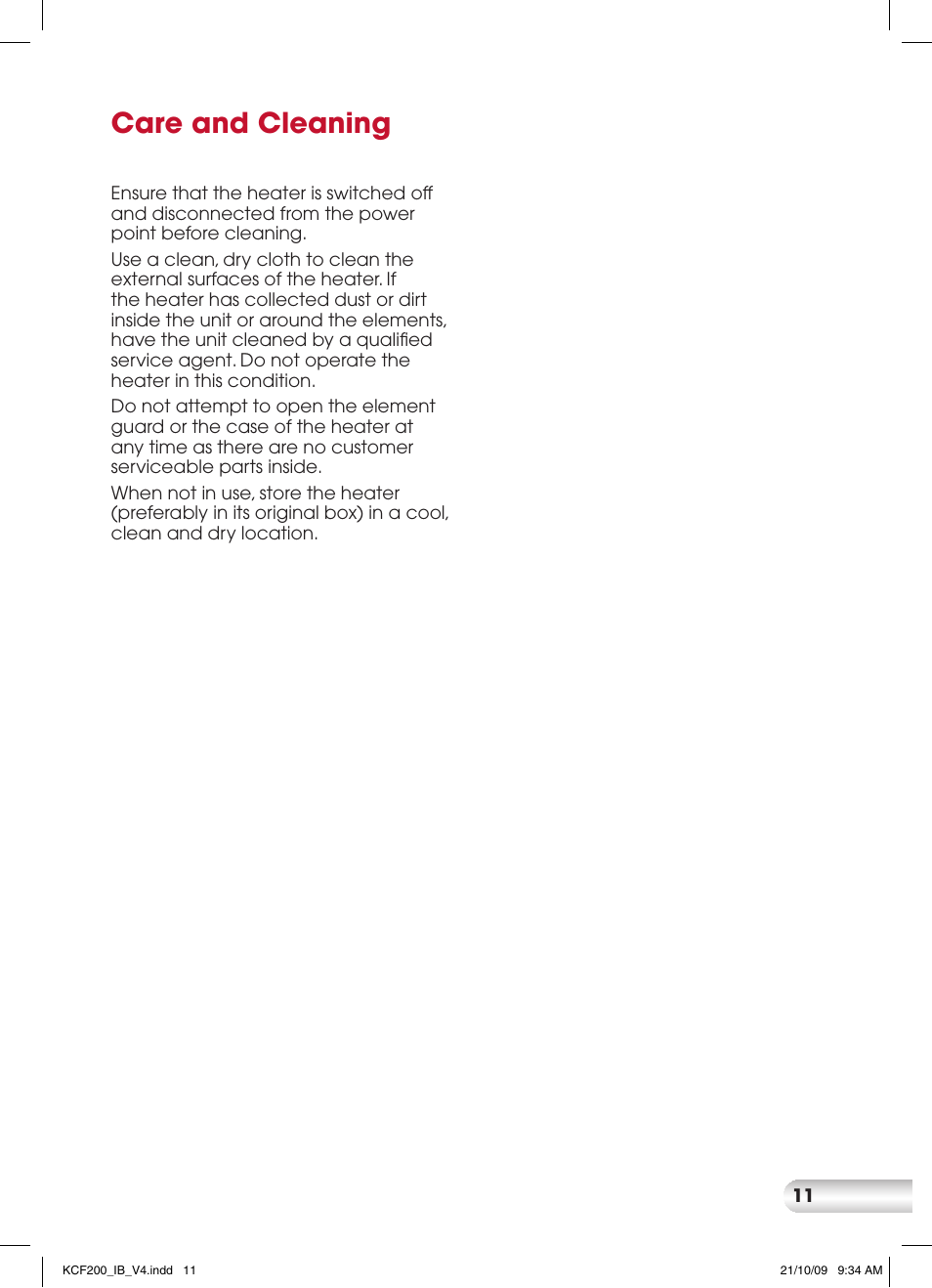 Care and cleaning | Kambrook CARBON KCF200 User Manual | Page 11 / 12