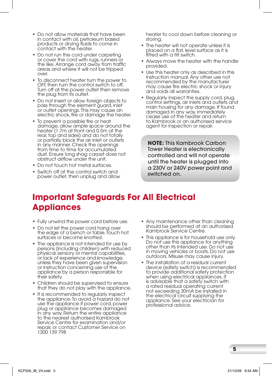Important safeguards for all electrical appliances | Kambrook CARBON KCF200 User Manual | Page 5 / 12