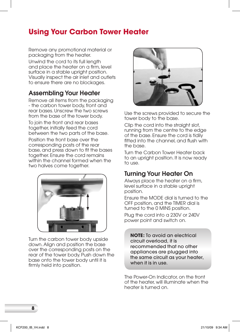 Using your carbon tower heater, Turning your heater on, Assembling your heater | Kambrook CARBON KCF200 User Manual | Page 8 / 12