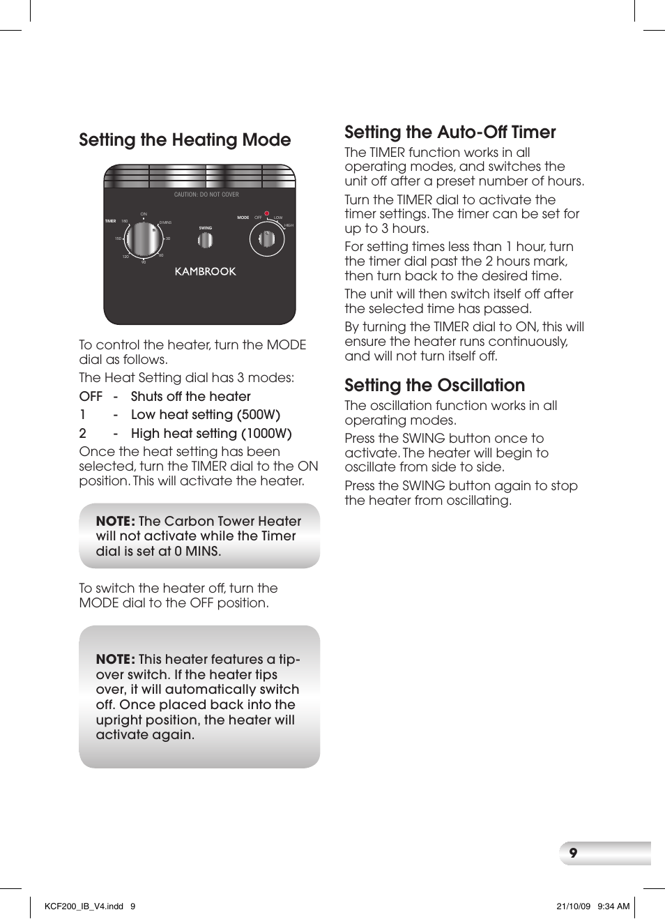 Setting the heating mode, Setting the auto-off timer, Setting the oscillation | Kambrook CARBON KCF200 User Manual | Page 9 / 12