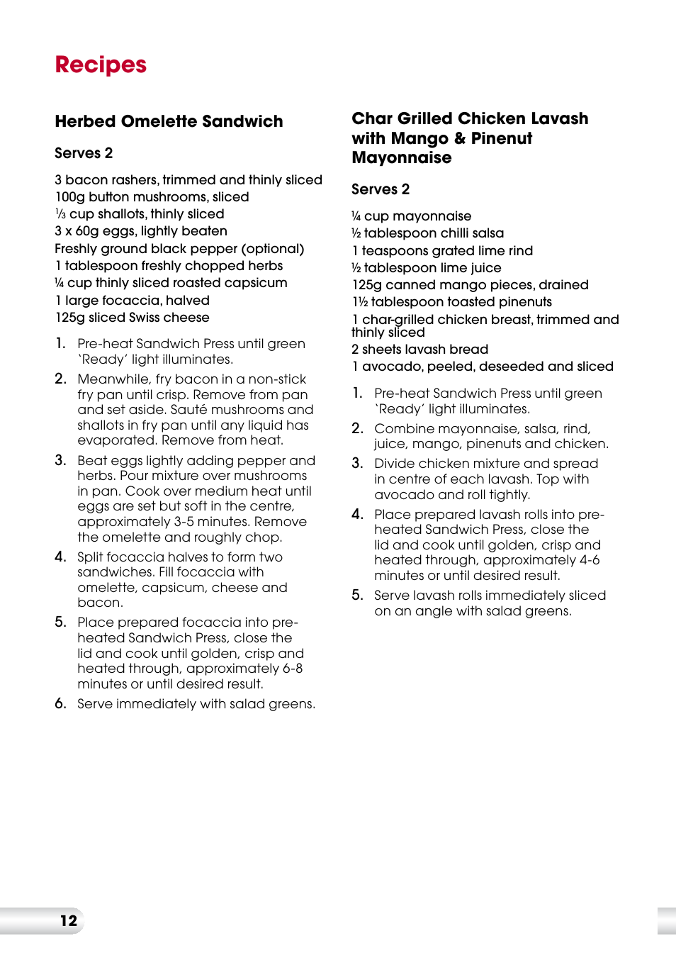 Recipes | Kambrook KSG220 User Manual | Page 12 / 20