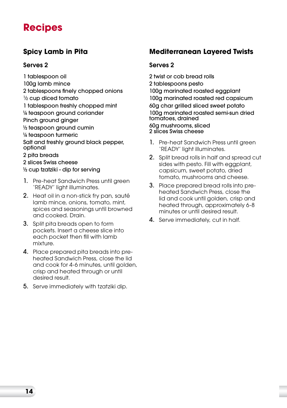 Recipes | Kambrook KSG220 User Manual | Page 14 / 20