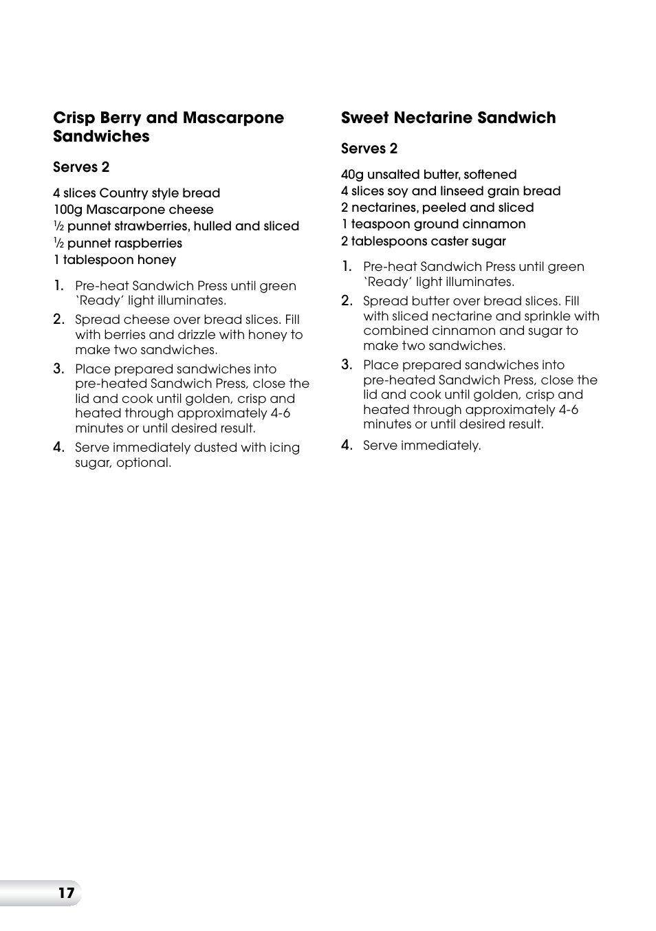 Crisp berry and mascarpone sandwiches, Sweet nectarine sandwich | Kambrook KSG220 User Manual | Page 17 / 20