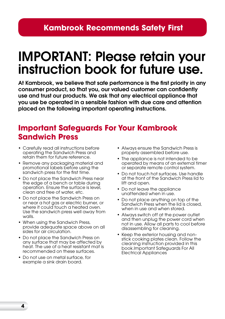 Kambrook recommends safety first | Kambrook KSG220 User Manual | Page 4 / 20