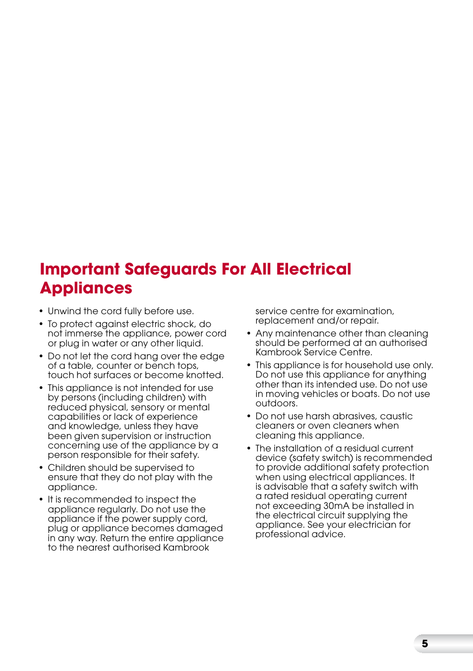 Important safeguards for all electrical appliances | Kambrook KSG220 User Manual | Page 5 / 20