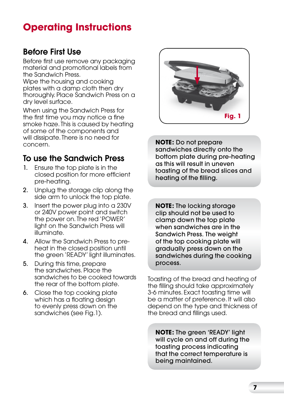 Operating instructions, Before first use | Kambrook KSG220 User Manual | Page 7 / 20