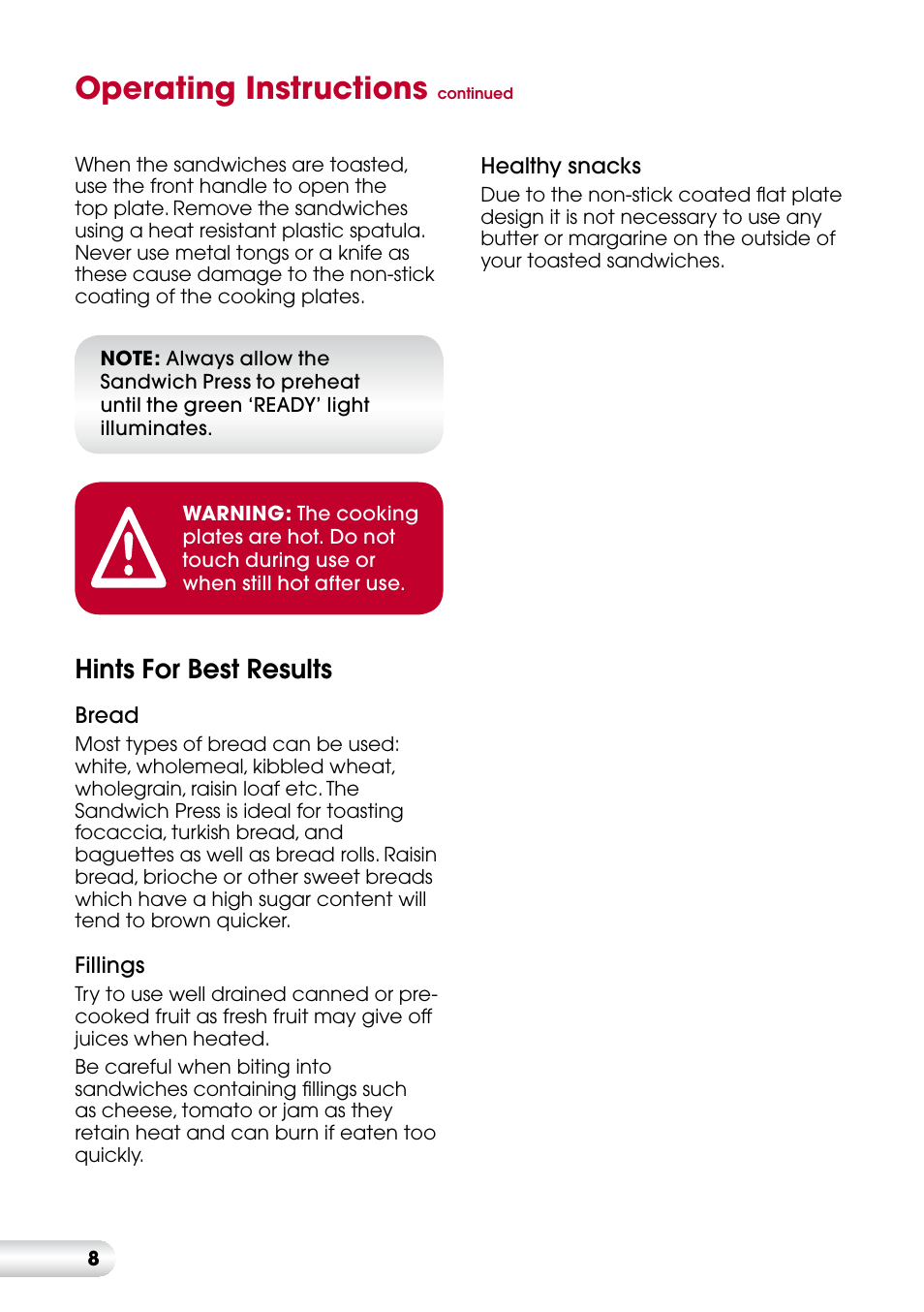 Operating instructions, Hints for best results | Kambrook KSG220 User Manual | Page 8 / 20