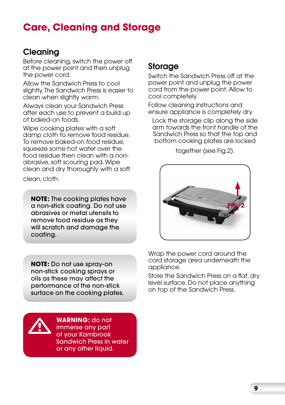 Care, cleaning and storage, Cleaning, Storage | Kambrook KSG220 User Manual | Page 9 / 20