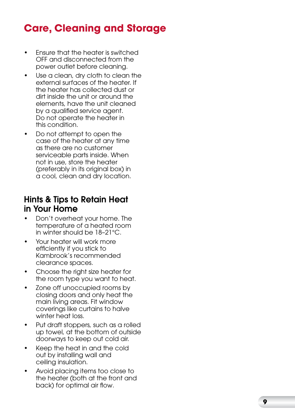 Care, cleaning and storage, Hints & tips to retain heat in your home | Kambrook SNUGASABUG KRH100 User Manual | Page 10 / 12