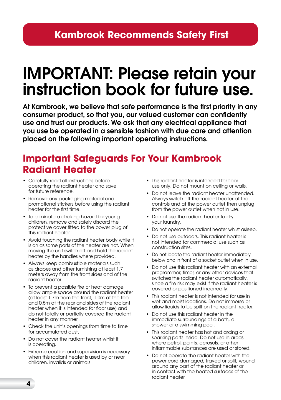 Kambrook recommends safety first | Kambrook SNUGASABUG KRH100 User Manual | Page 5 / 12