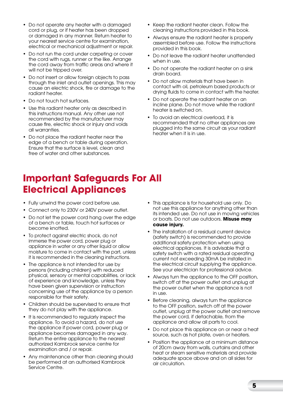 Important safeguards for all electrical appliances | Kambrook SNUGASABUG KRH100 User Manual | Page 6 / 12