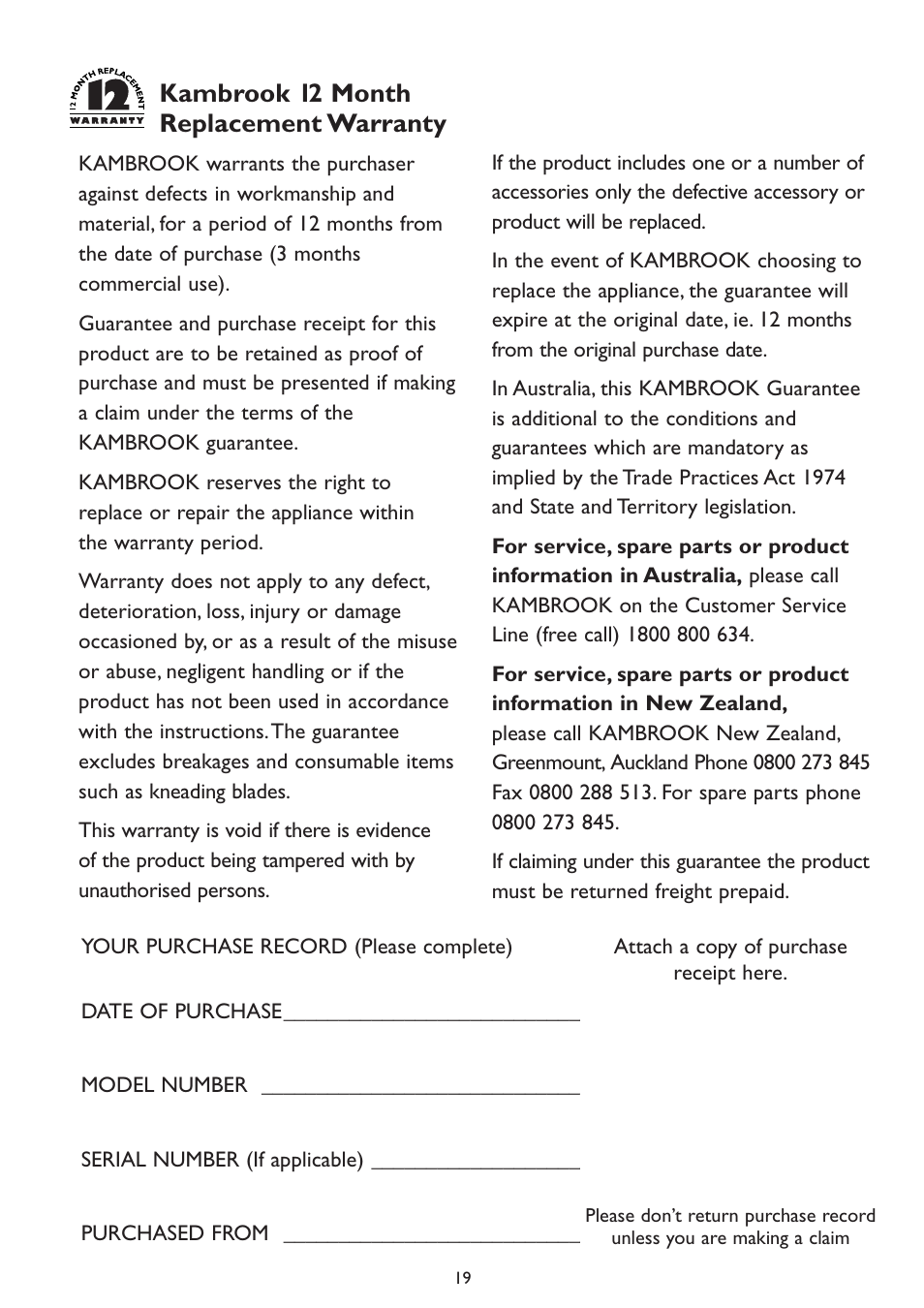 Kambrook 12 month replacement warranty | Kambrook KSC4 User Manual | Page 19 / 20