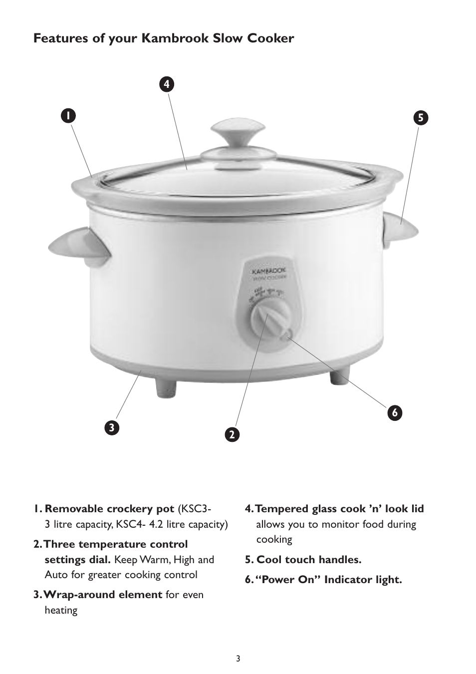 Features of your kambrook slow cooker | Kambrook KSC4 User Manual | Page 3 / 20