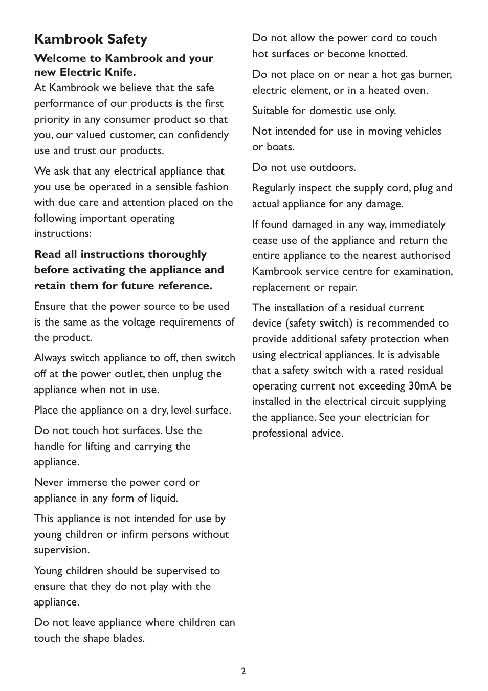 Kambrook safety | Kambrook EK9B User Manual | Page 2 / 8