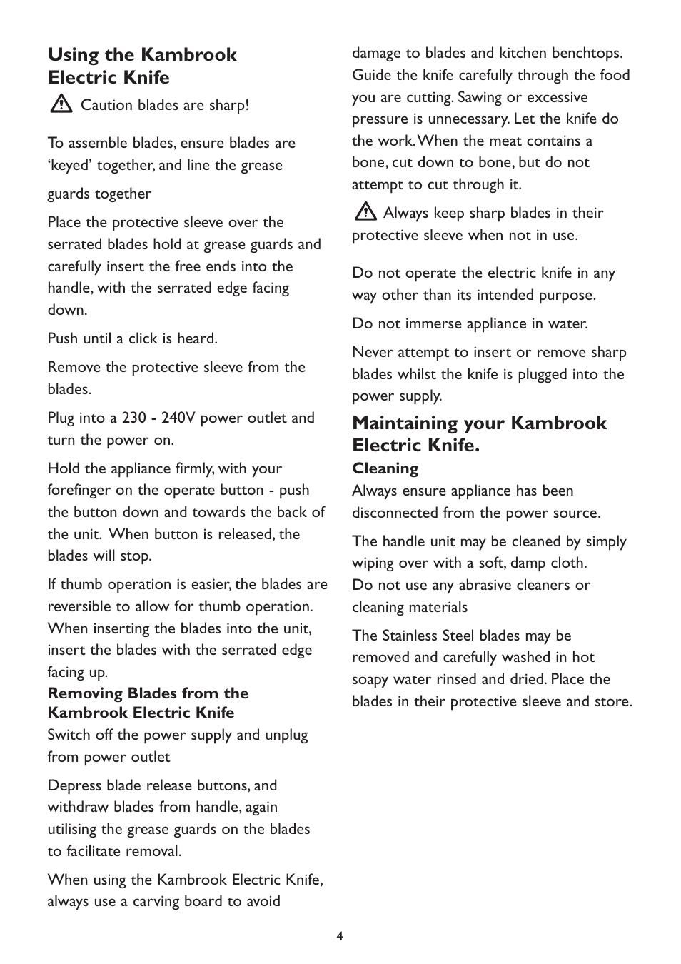 Using the kambrook electric knife, Maintaining your kambrook electric knife | Kambrook EK9B User Manual | Page 4 / 8