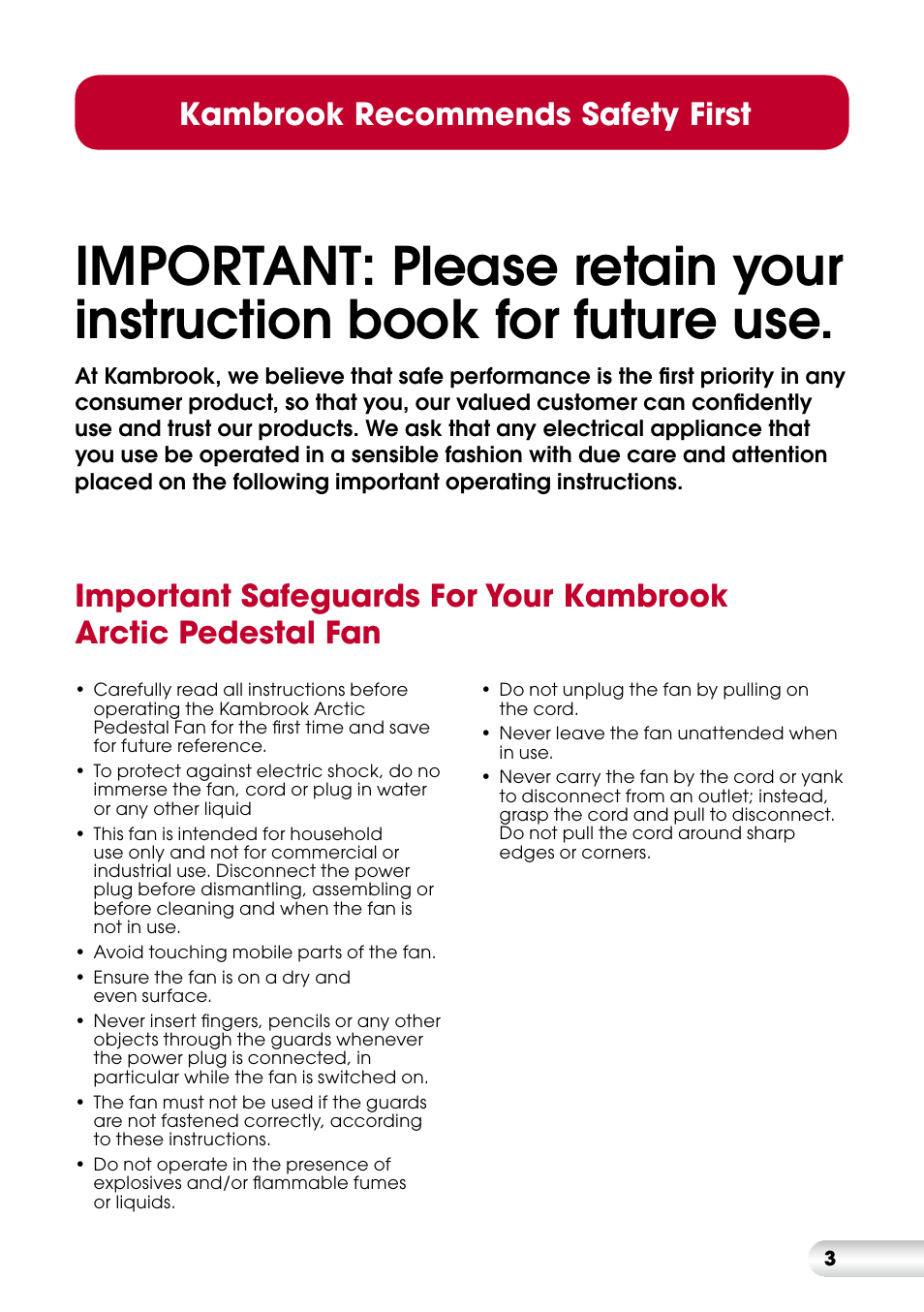 Kambrook recommends safety first | Kambrook KFA413 User Manual | Page 3 / 8