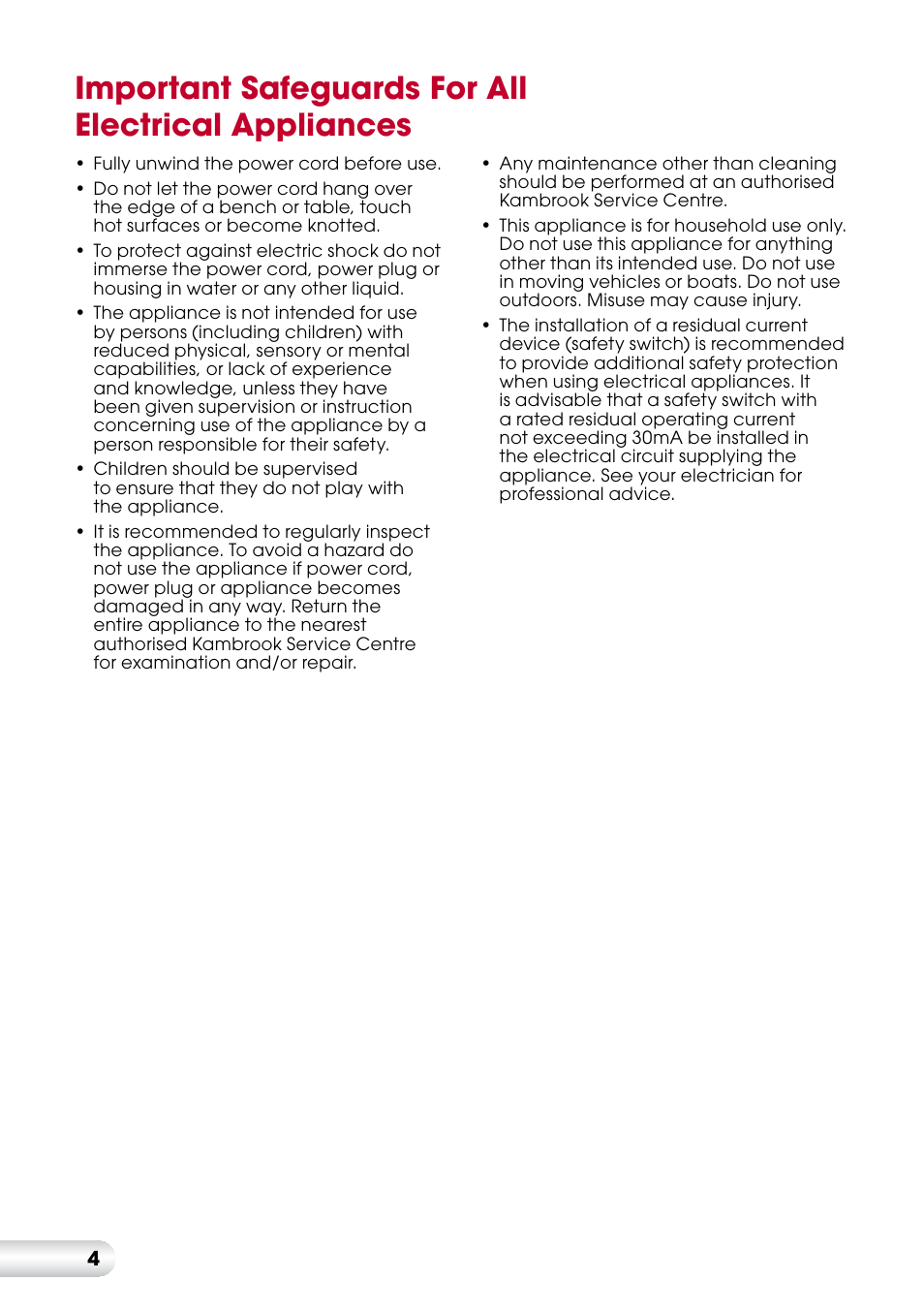 Important safeguards for all electrical appliances | Kambrook KFA413 User Manual | Page 4 / 8