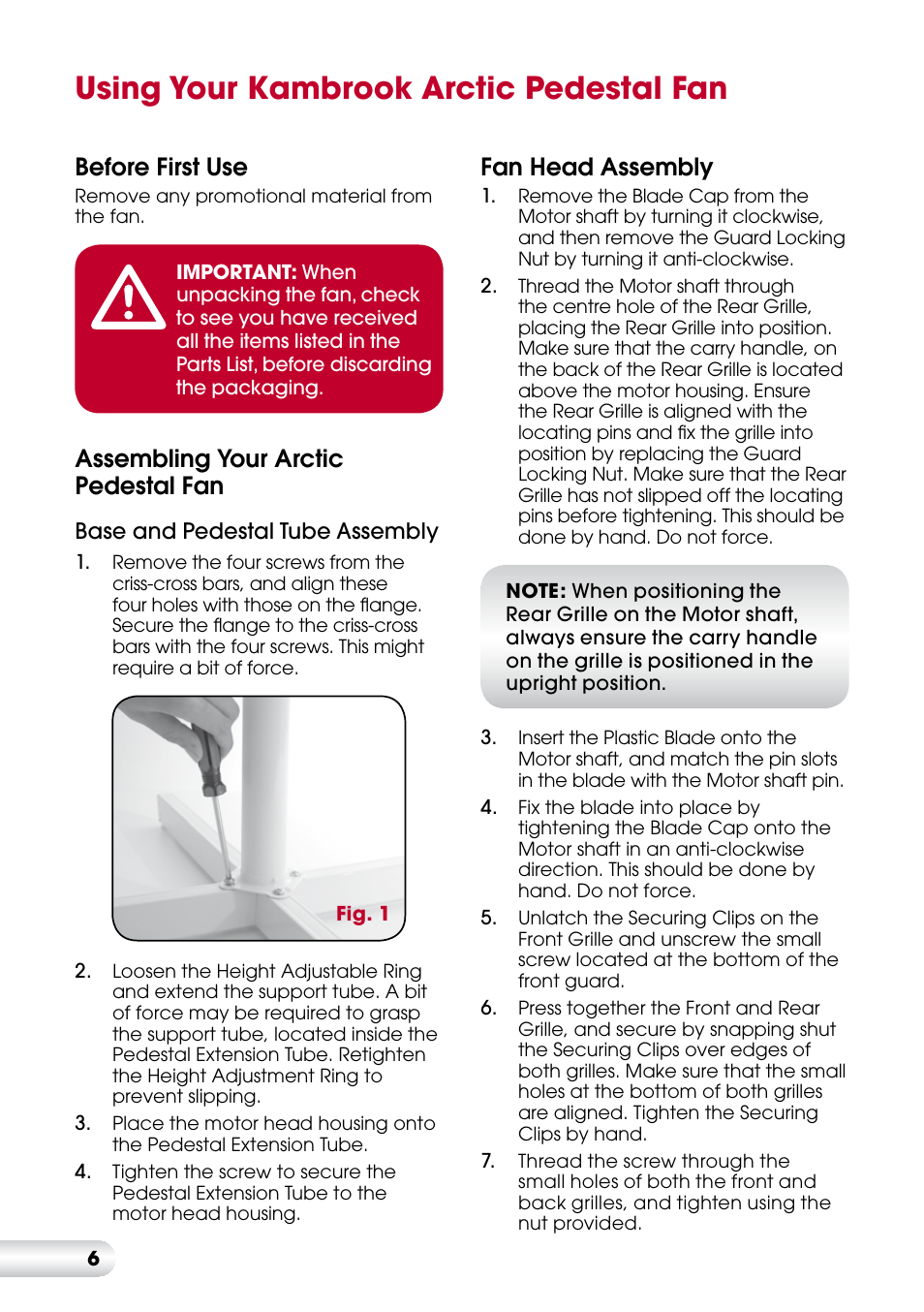 Using your kambrook arctic pedestal fan, Before first use, Assembling your arctic pedestal fan | Fan head assembly | Kambrook KFA413 User Manual | Page 6 / 8