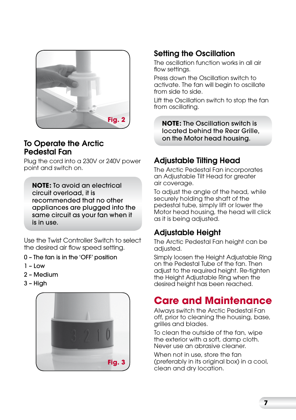 Care and maintenance, Setting the oscillation, Adjustable tilting head | Adjustable height | Kambrook KFA413 User Manual | Page 7 / 8