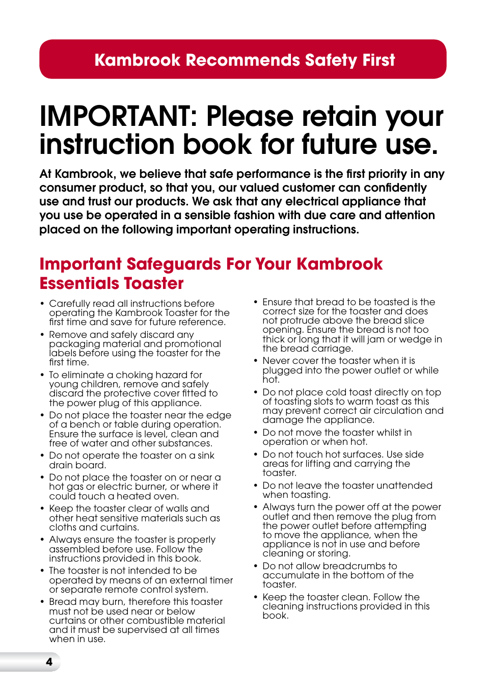 Kambrook recommends safety first | Kambrook KT60 User Manual | Page 4 / 12