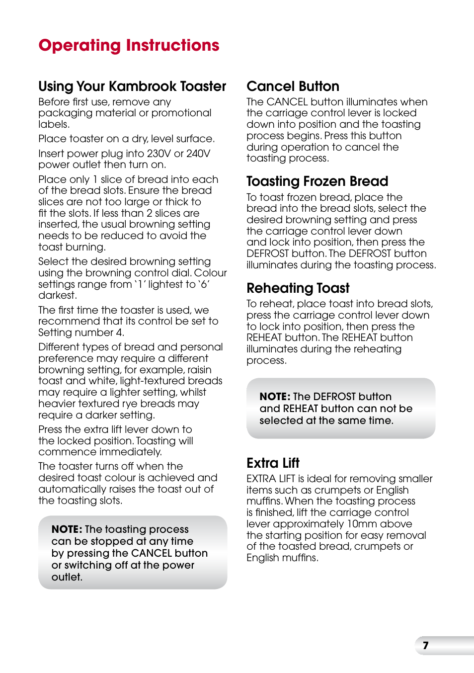 Operating instructions, Using your kambrook toaster, Cancel button | Toasting frozen bread, Reheating toast, Extra lift | Kambrook KT60 User Manual | Page 7 / 12