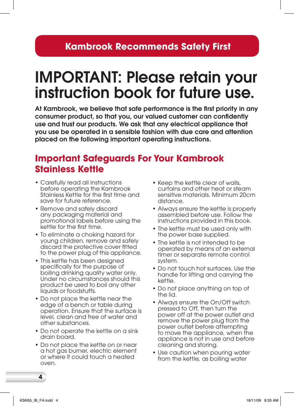 Kambrook recommends safety first | Kambrook KSK65 User Manual | Page 4 / 12