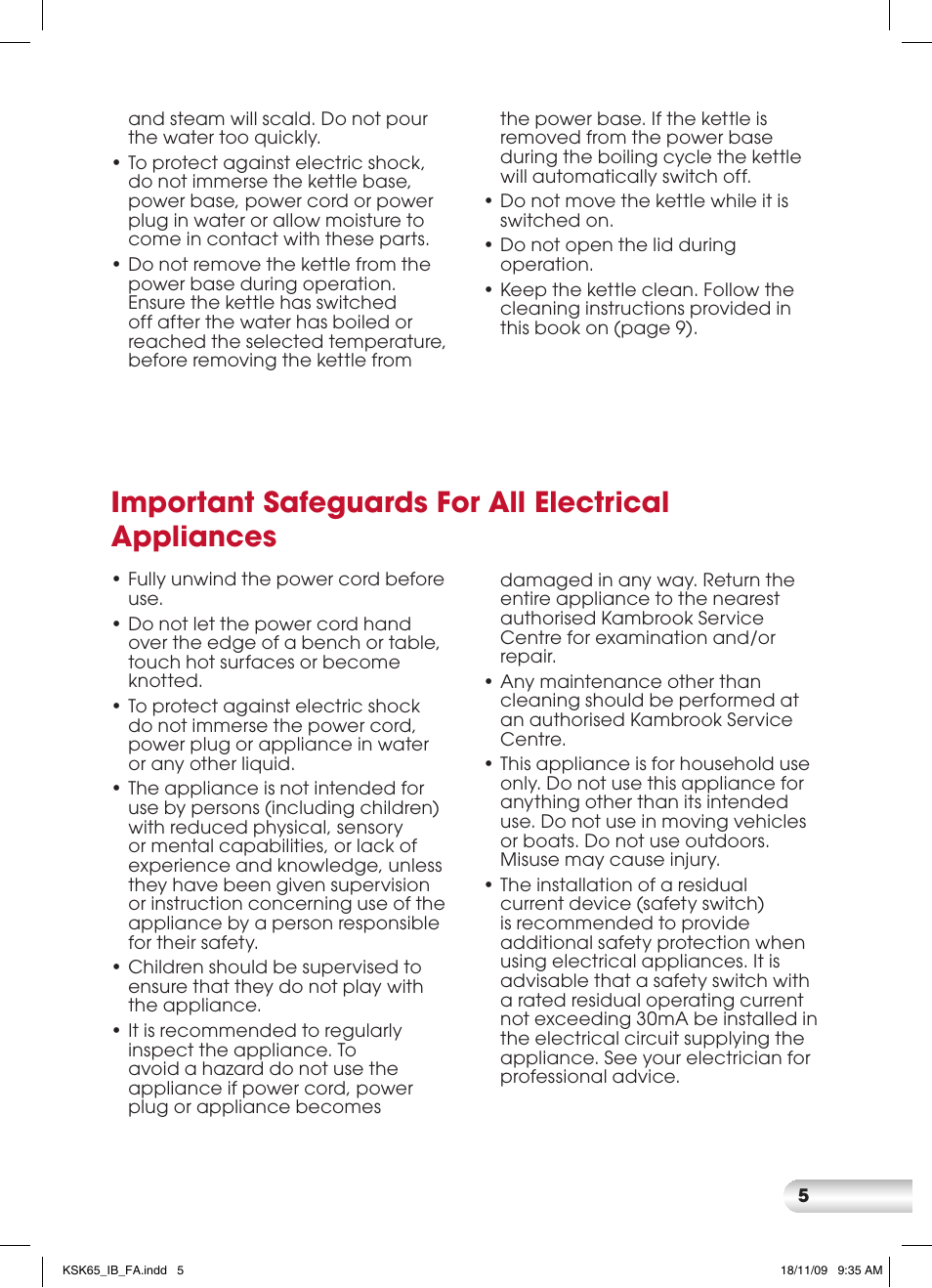 Important safeguards for all electrical appliances | Kambrook KSK65 User Manual | Page 5 / 12